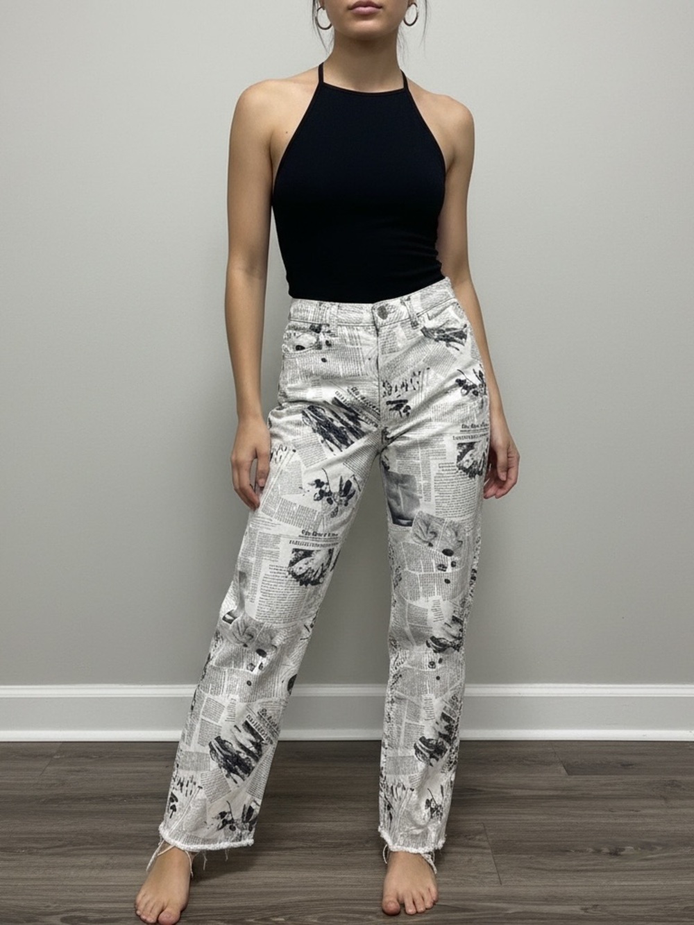 Reformation Black and White Newspaper-Print Wide-Leg Jeans